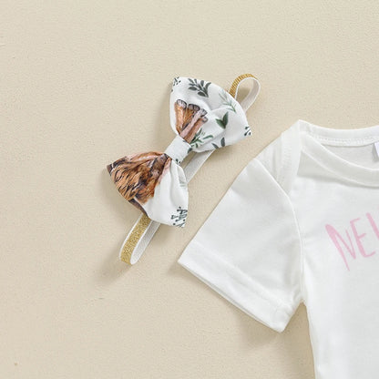 Summer Infant Baby Girl Clothes Set Print Short Sleeve Romper Elastic Waist Pants Bow Headband Outfits