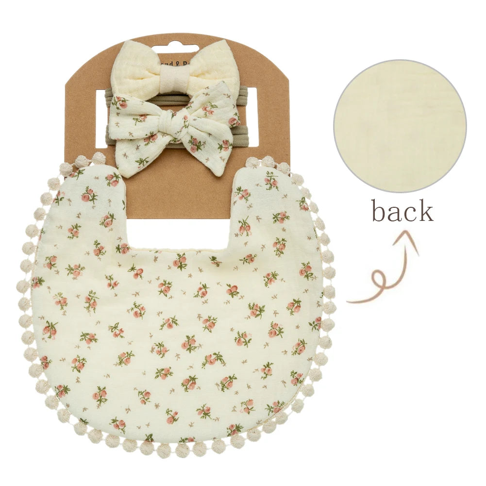 3-Piece Baby Bib & Headband Set, Double-Sided Feeding and Burp Cloth with Soft Nylon Bow Headbands