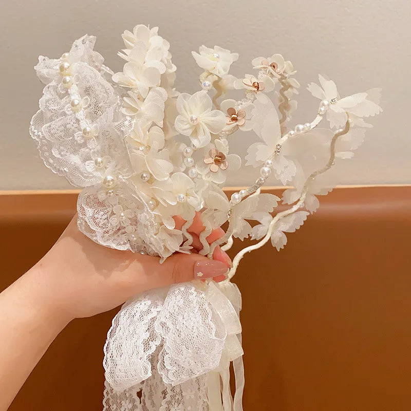 White Lace Hair Flower Butterfly Hairbands Princess Pearl Headbands