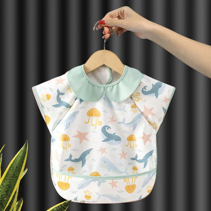 Baby Eating Apron PU Waterproof Bibs Cartoon Big Pocket Reverse Wear Summer Thin Light Sleeveless Boys Girls Kids Stuff