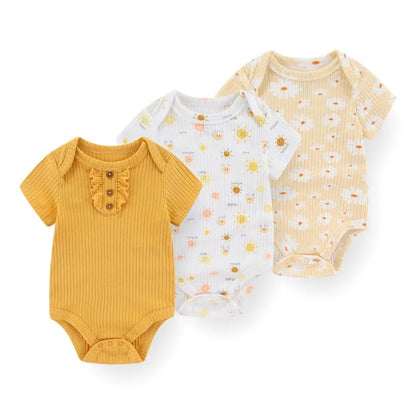 Cotton Newborn Baby Boy Clothes 3Pieces Summer 0-12M Cartoon Baby Girl Clothes Print Bodysuits Short Sleeve