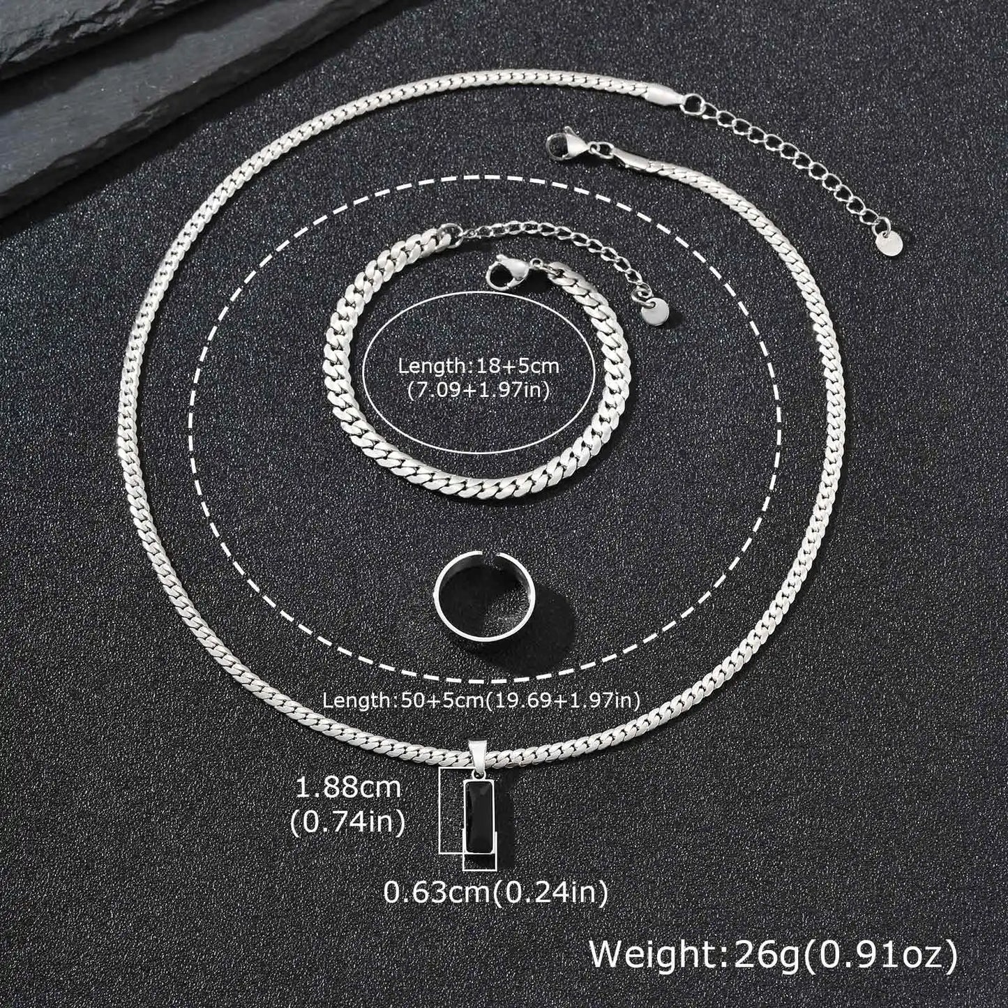 Stylish 3pcs Men's Flat Cuban Chain Jewelry Set,Stainless Steel Geometric Stone Pendent,Hip Hop Jewelry Gifts for Dad Son Him