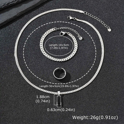Stylish 3pcs Men's Flat Cuban Chain Jewelry Set,Stainless Steel Geometric Stone Pendent,Hip Hop Jewelry Gifts for Dad Son Him