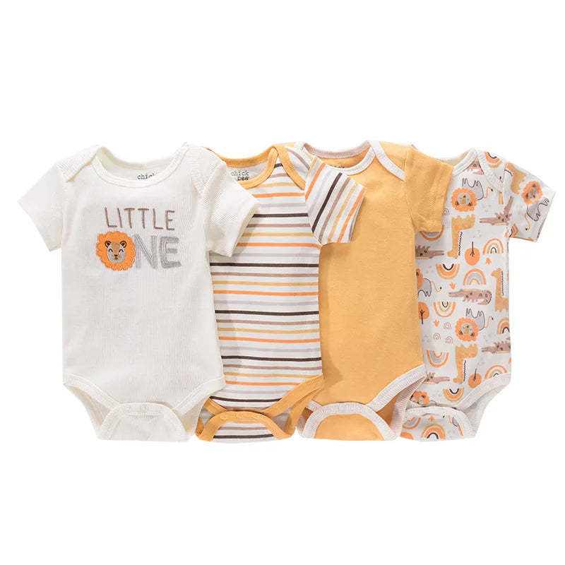 4-Piece Baby Romper Set, Soft Cotton Cartoon Print Short Sleeve Bodysuits for Newborn Boys and Girls (0–12M)