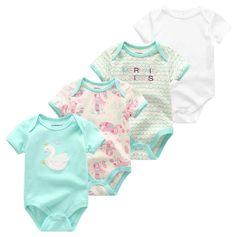 4-Piece Baby Romper Set, Soft Cotton Cartoon Print Short Sleeve Bodysuits for Newborn Boys and Girls (0–12M)