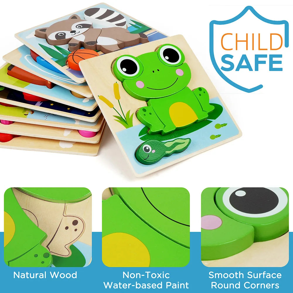 8 Pack Animal Wooden Puzzles Toys For Toddlers Boys Girls, Learning Educational Preschool