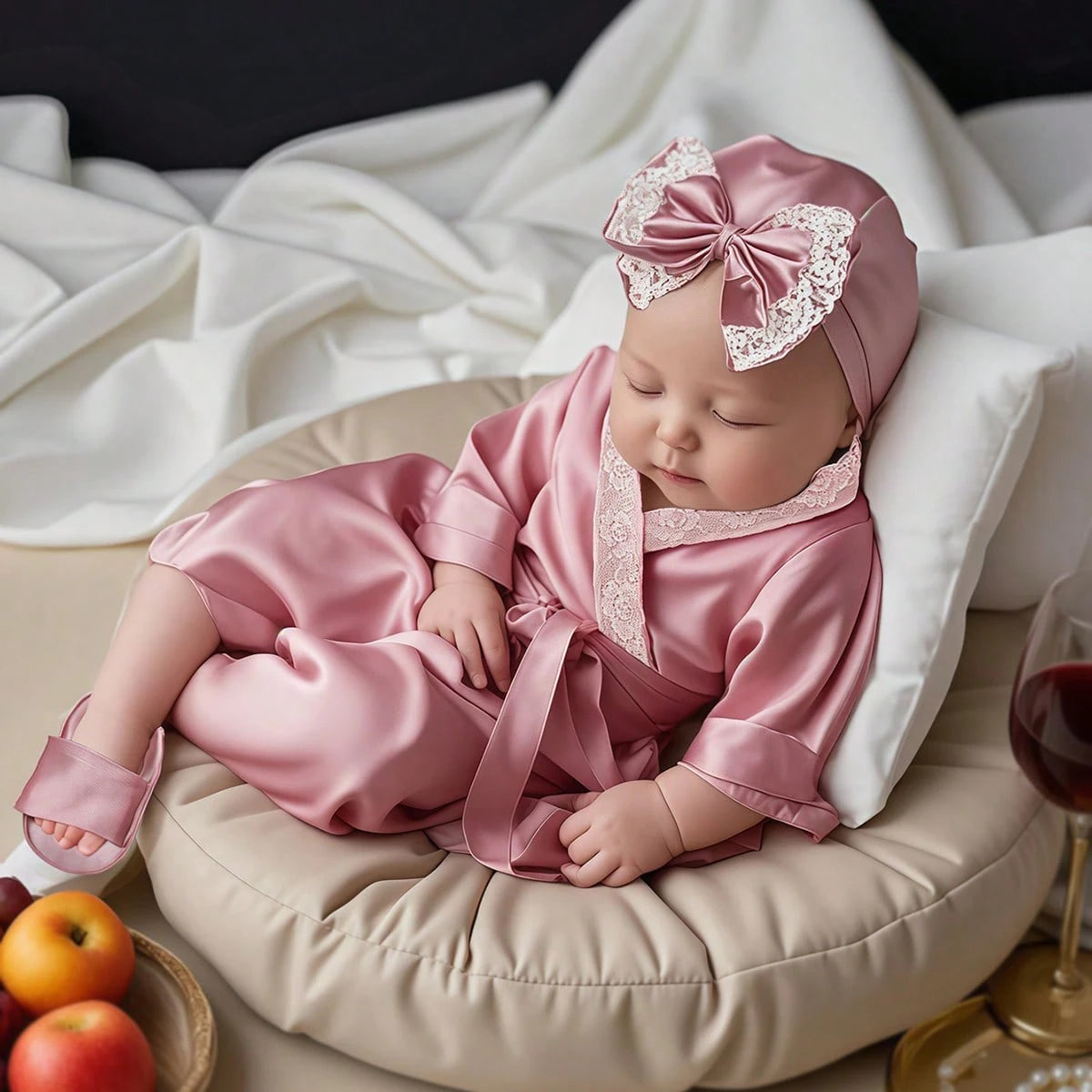 3PCS Newborn Photography Outfits Set 1 Month 100 Days Baby Girl Lace Dathrobe With Bow Turban Hat And Slippers Photo Props