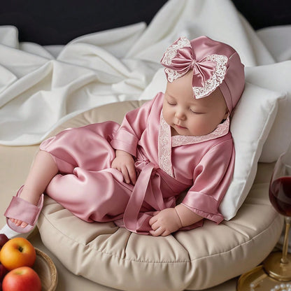 3PCS Newborn Photography Outfits Set 1 Month 100 Days Baby Girl Lace Dathrobe With Bow Turban Hat And Slippers Photo Props