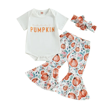 Summer Halloween Infant Baby Girls Clothes Letter Print Short Sleeves Romper and Pumpkin Print Flare Pants Headband