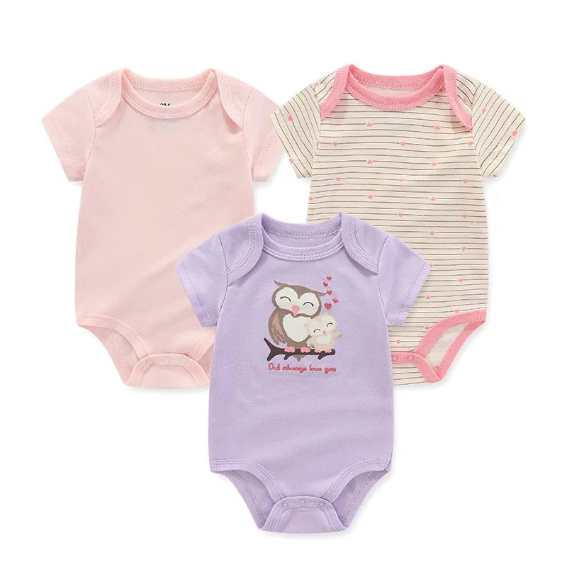 Cotton Newborn Baby Boy Clothes 3Pieces Summer 0-12M Cartoon Baby Girl Clothes Print Bodysuits Short Sleeve