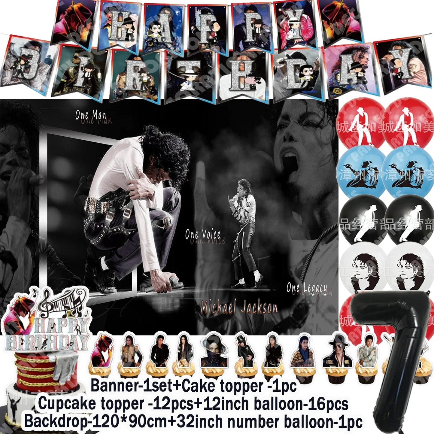 Music&Michael&J-jackson Birthday Party Supplies Banner Latex Balloons Cake Topper Cupcake Toppers Backdrop Fans Kids Adults Gift