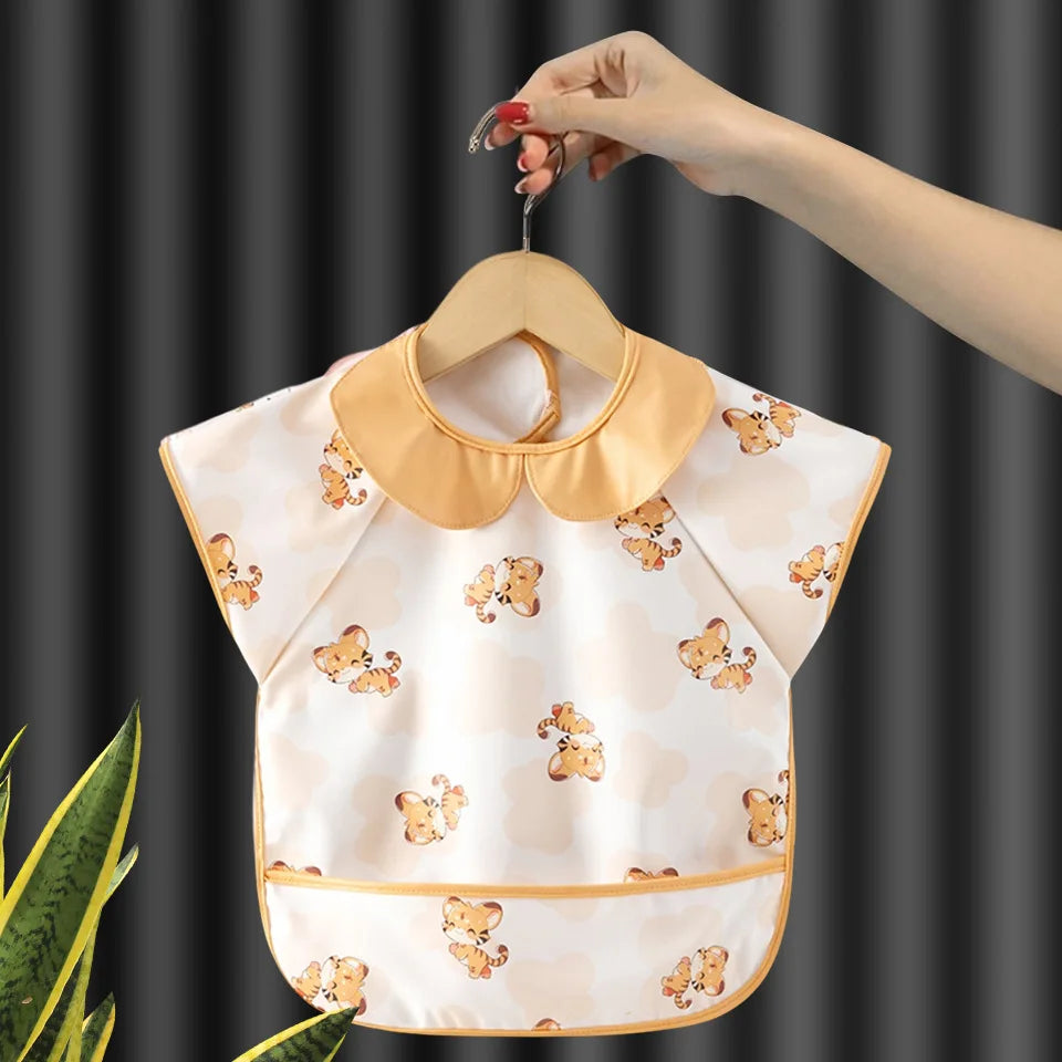 Baby Eating Apron PU Waterproof Bibs Cartoon Big Pocket Reverse Wear Summer Thin Light Sleeveless Boys Girls Kids Stuff