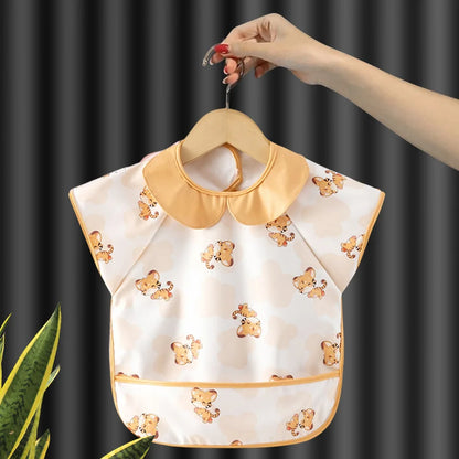 Baby Eating Apron PU Waterproof Bibs Cartoon Big Pocket Reverse Wear Summer Thin Light Sleeveless Boys Girls Kids Stuff