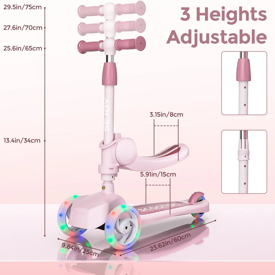 Kick Scooter for Kids with 3-Wheeled LED Lights,Adjustable Lean-to-Steer Handlebar,Foldable Seat,Sit or Stand Ride,for 3-8 Years