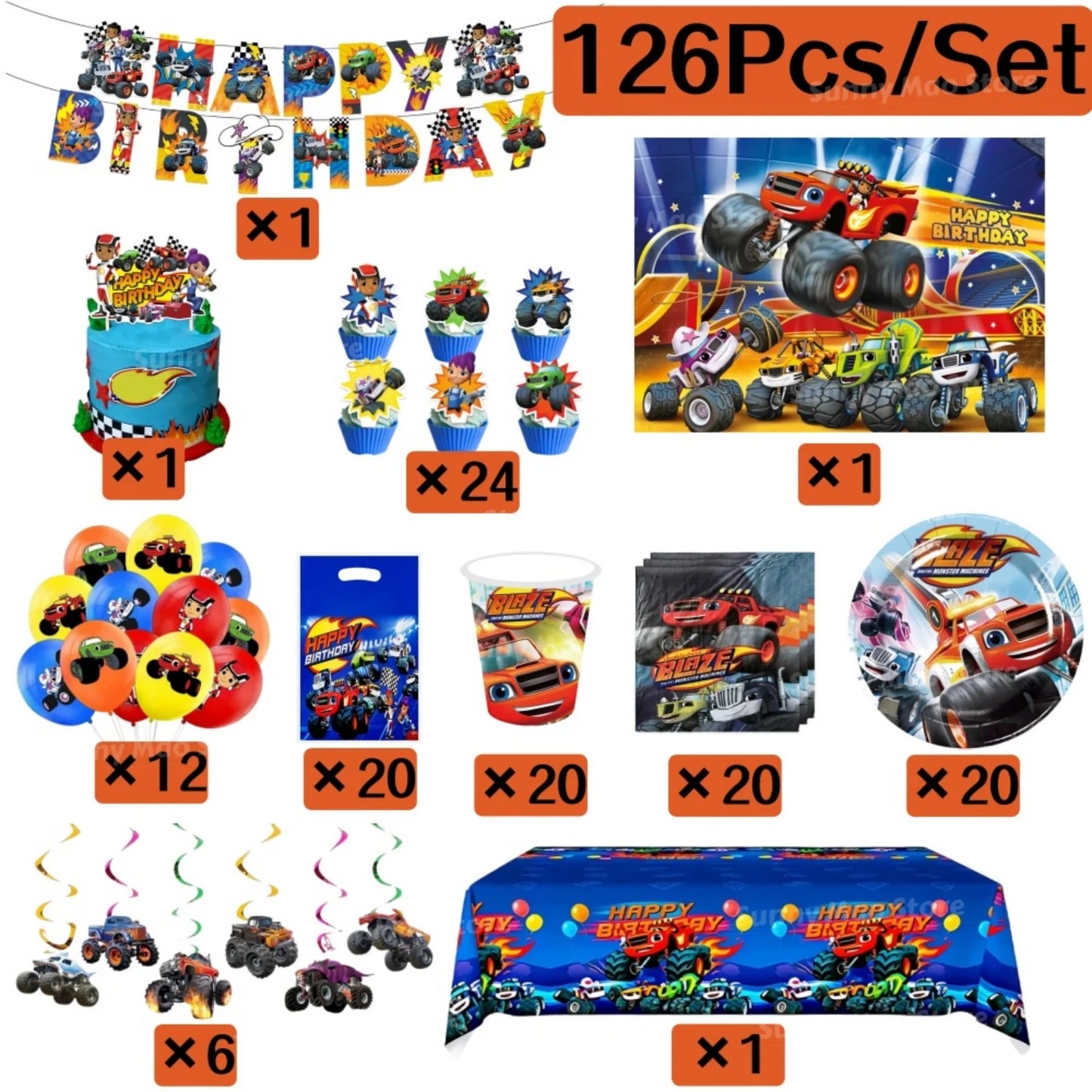 Blaze Monster Birthday Party Supplies Set Tablecloth Banner Cake Toppers Backdrop Balloons Machines Racing  Theme Decor for Kids