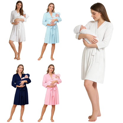 Pregnant Woman Robe Baby Swaddle Hat Set Mommy Labor Delivery Night-robe with Receiving Blankets Sleepwear for Home Hospital