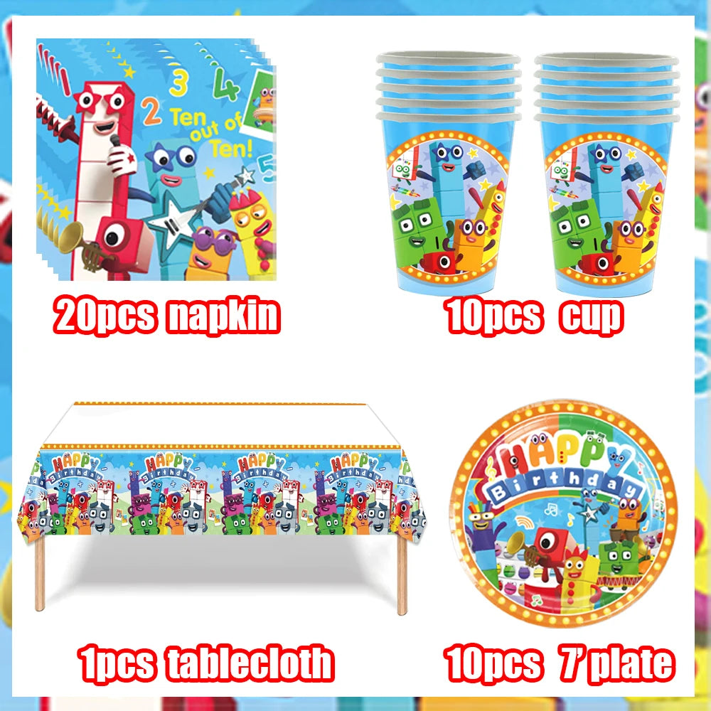 Number Birthday Decorations Building Blocks Tablecloth Banner Spiral Cake Topper Balloon for Kids Baby Shower Supplies Gifts