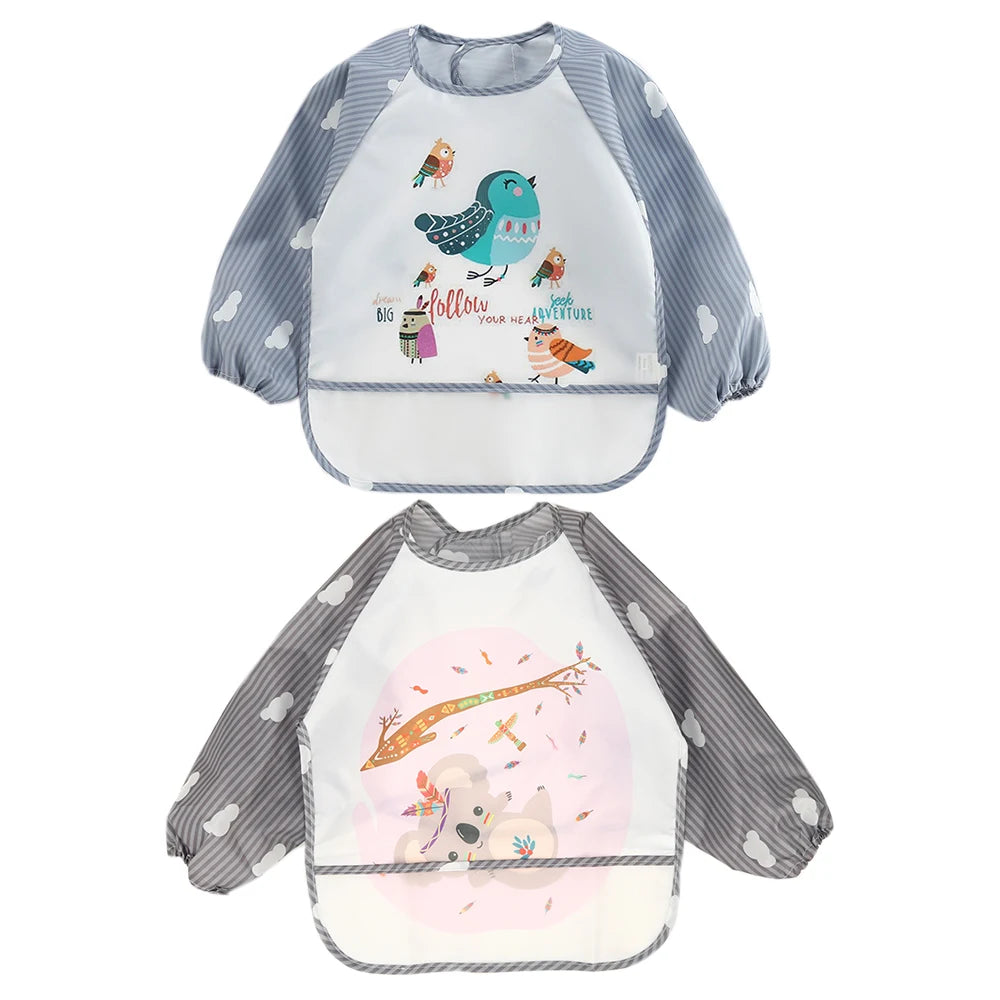 2pcs Waterproof Full Sleeve Baby Bibs Children Apron Long Sleeve Feeding Smock Kids Eating Breastplate Infant Scarf Clothing