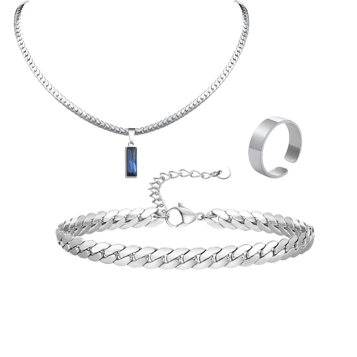Stylish 3pcs Men's Flat Cuban Chain Jewelry Set,Stainless Steel Geometric Stone Pendent,Hip Hop Jewelry Gifts for Dad Son Him