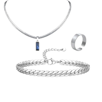 Stylish 3pcs Men's Flat Cuban Chain Jewelry Set,Stainless Steel Geometric Stone Pendent,Hip Hop Jewelry Gifts for Dad Son Him