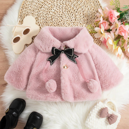 Winter Clothes Bow Solid Color Lapel Fleece-Lined Baby Girl