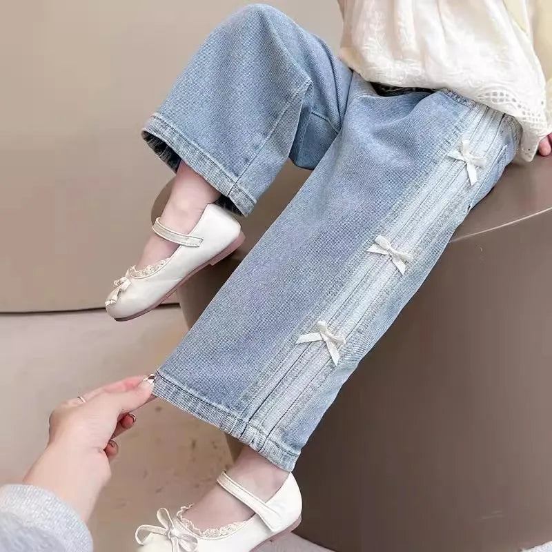 Girls Spring Jeans Kids Summer Bow Denim Pants Children's Straight Wide-leg Trousers Toddler Autumn Loose Clothing 2-8Y