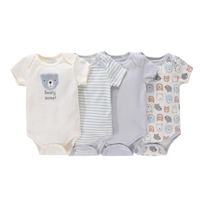4-Piece Baby Romper Set, Soft Cotton Cartoon Print Short Sleeve Bodysuits for Newborn Boys and Girls (0–12M)