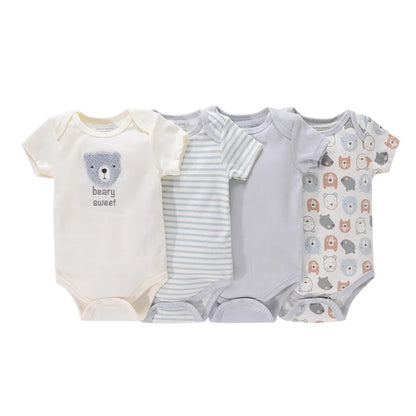 4-Piece Baby Romper Set, Soft Cotton Cartoon Print Short Sleeve Bodysuits for Newborn Boys and Girls (0–12M)