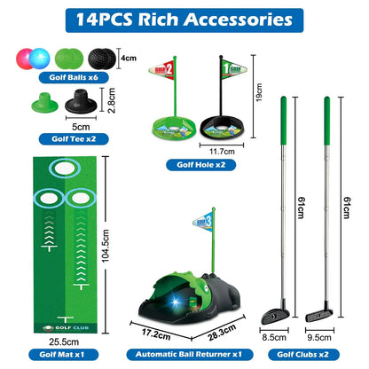 Kids Toy Golf Club Set with  LED Automatic Ball Returner, Golf Putting Mat Toddler Mini Golf Game Sports Gift for 3+  Boys Girls