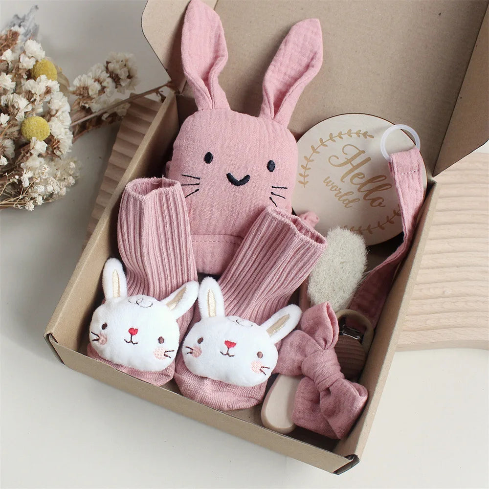 Customize The Name Newborn Gift Baby Cartoon Comfort Towel Baby Socks Mouthwash Towel Wash Box Newborn Bite Ring Headband Set