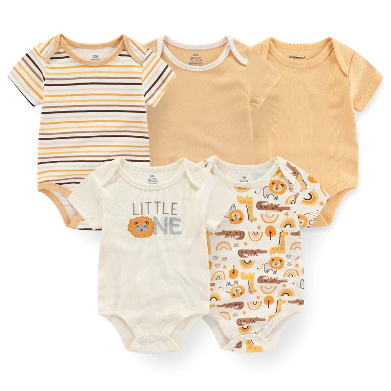 5-Piece Newborn Baby Bodysuit Set, Unisex Cotton Sleeveless Rompers with Cartoon and Solid Color Designs for Boys and Girls