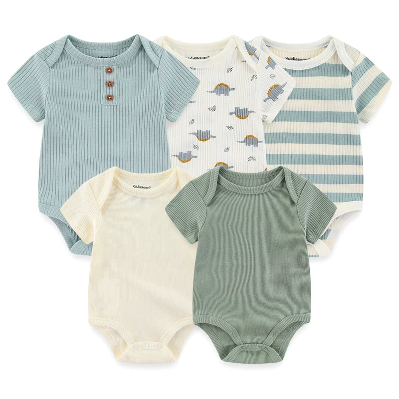 5-Piece Newborn Baby Bodysuit Set, Unisex Cotton Sleeveless Rompers with Cartoon and Solid Color Designs for Boys and Girls