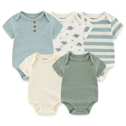 5-Piece Newborn Baby Bodysuit Set, Unisex Cotton Sleeveless Rompers with Cartoon and Solid Color Designs for Boys and Girls