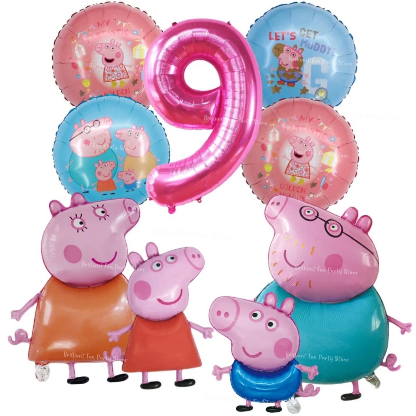 9pcs Peppa Pig Foil Balloon Set Pink Numbers Birthday Party Decoration Cartoon Family Balloons for Children's Events Baby Gifts