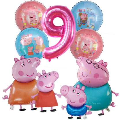9pcs Peppa Pig Foil Balloon Set Pink Numbers Birthday Party Decoration Cartoon Family Balloons for Children's Events Baby Gifts