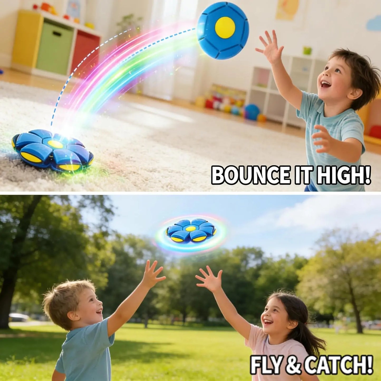 Magic Ball for Kids, Children Bouncing Ball Magic Metaball, Collapsible Flat Popup Meatball Toy with 6 Light for Indoor