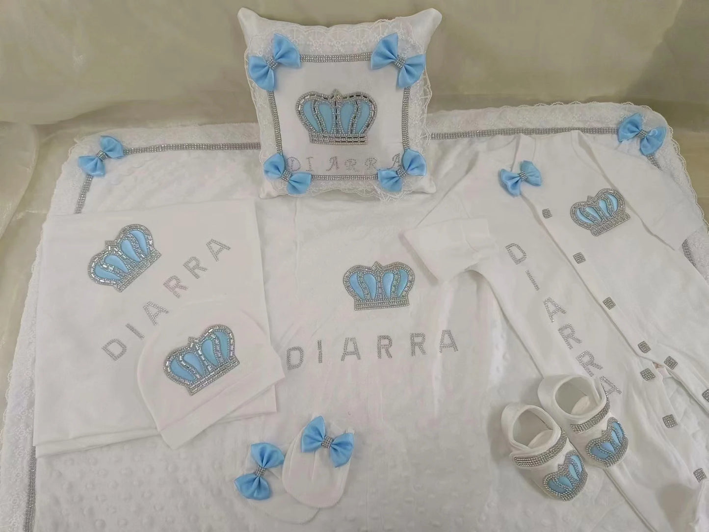 5pcs Baby Girl Outfits Set Welcome Home Hosptial Infant Receiving Blanket Pillow Bed Hat Mittens Romper Set