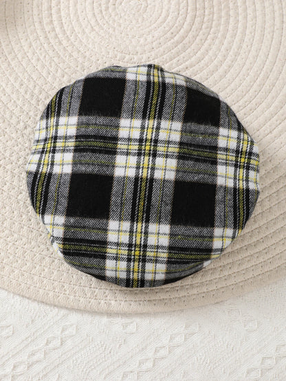 Newborn Literary Style Boy Baby Lapel False Strap Black Plaid Color Matching Jumpsuit Long Sleeve Button Cardigan Hat