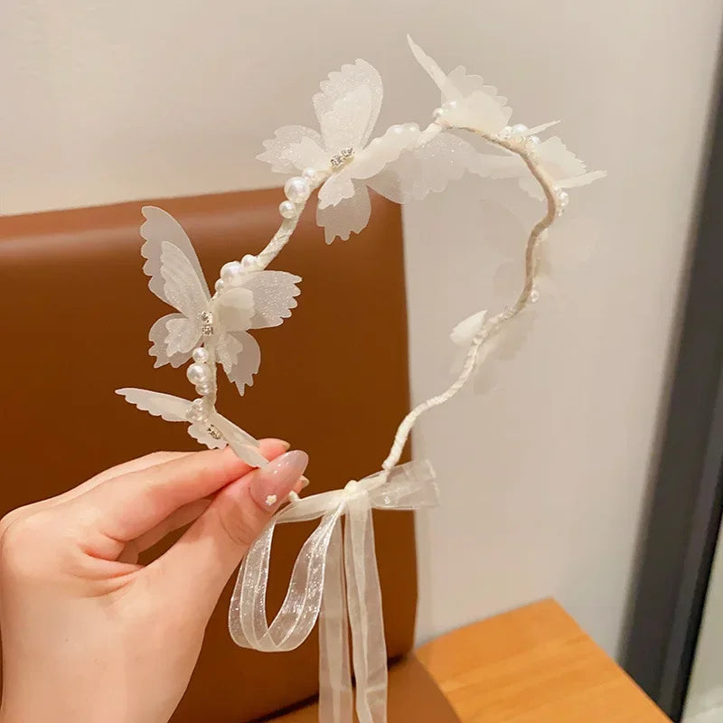 White Lace Hair Flower Butterfly Hairbands Princess Pearl Headbands