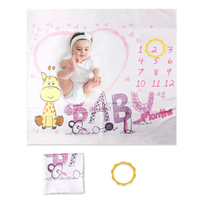 Baby Milestone Blanket Set, Monthly Growth Photo Backdrop with Wooden Cards for Newborn Photography