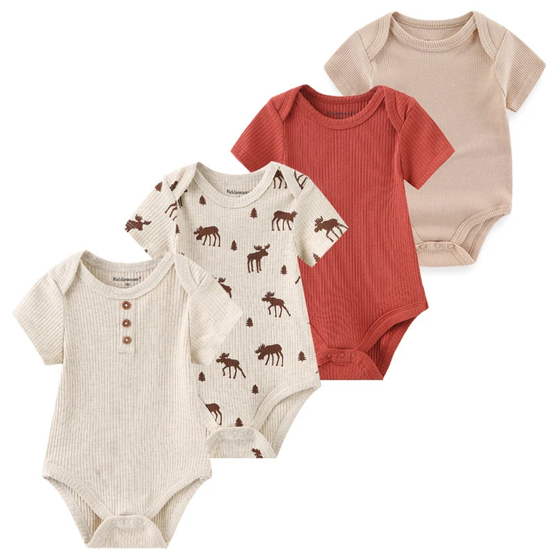 4-Piece Baby Romper Set, Soft Cotton Cartoon Print Short Sleeve Bodysuits for Newborn Boys and Girls (0–12M)