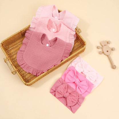 6Pcs/Lot Ribbed Baby Bibs Hair Bows Headbands for Baby Girls Ruffled Flower Saliva Towel Feeding Burp Cloth Scarf Headwear
