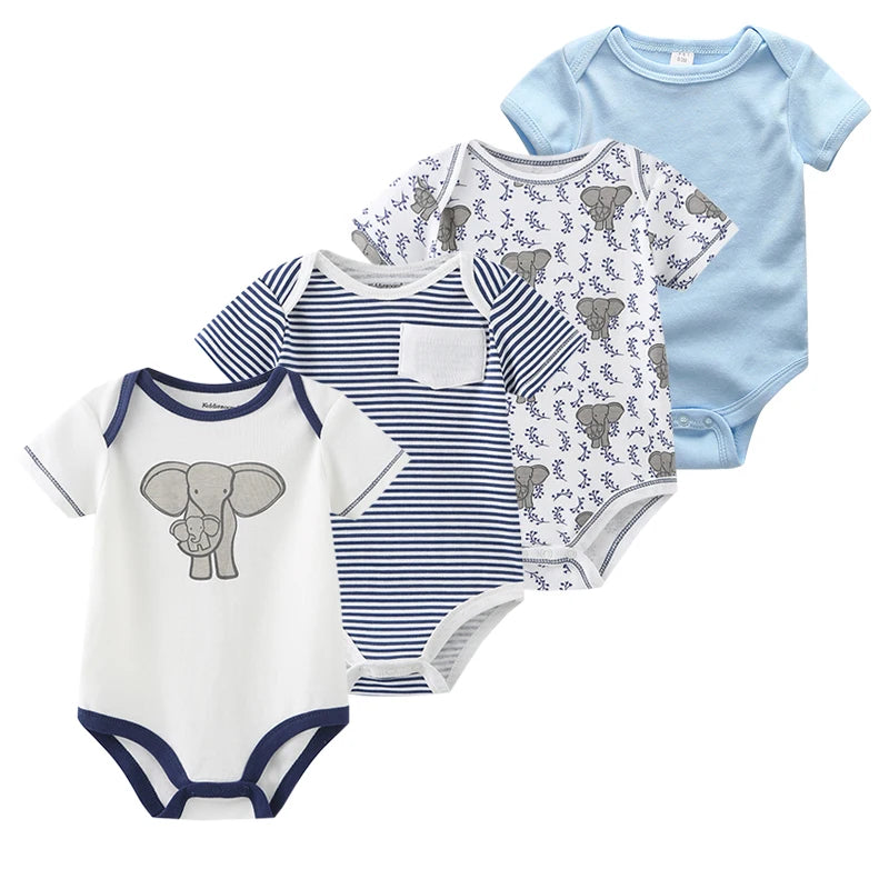4-Piece Baby Romper Set, Soft Cotton Cartoon Print Short Sleeve Bodysuits for Newborn Boys and Girls (0–12M)