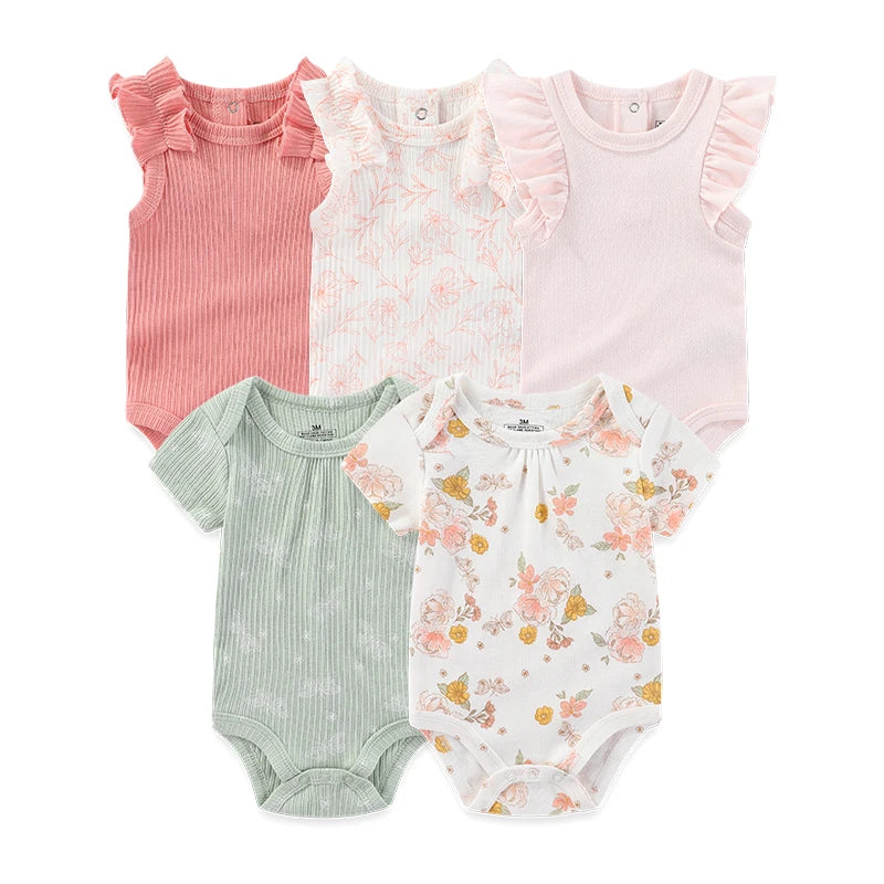 5-Piece Newborn Baby Bodysuit Set, Unisex Cotton Sleeveless Rompers with Cartoon and Solid Color Designs for Boys and Girls