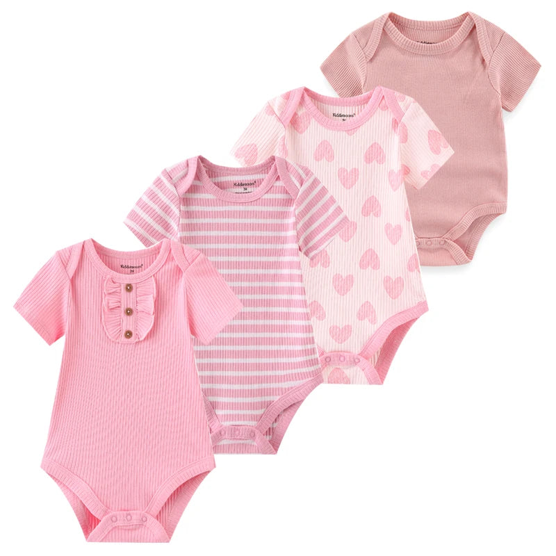 4-Piece Baby Romper Set, Soft Cotton Cartoon Print Short Sleeve Bodysuits for Newborn Boys and Girls (0–12M)