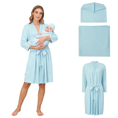 Pregnant Woman Robe Baby Swaddle Hat Set Mommy Labor Delivery Night-robe with Receiving Blankets Sleepwear for Home Hospital
