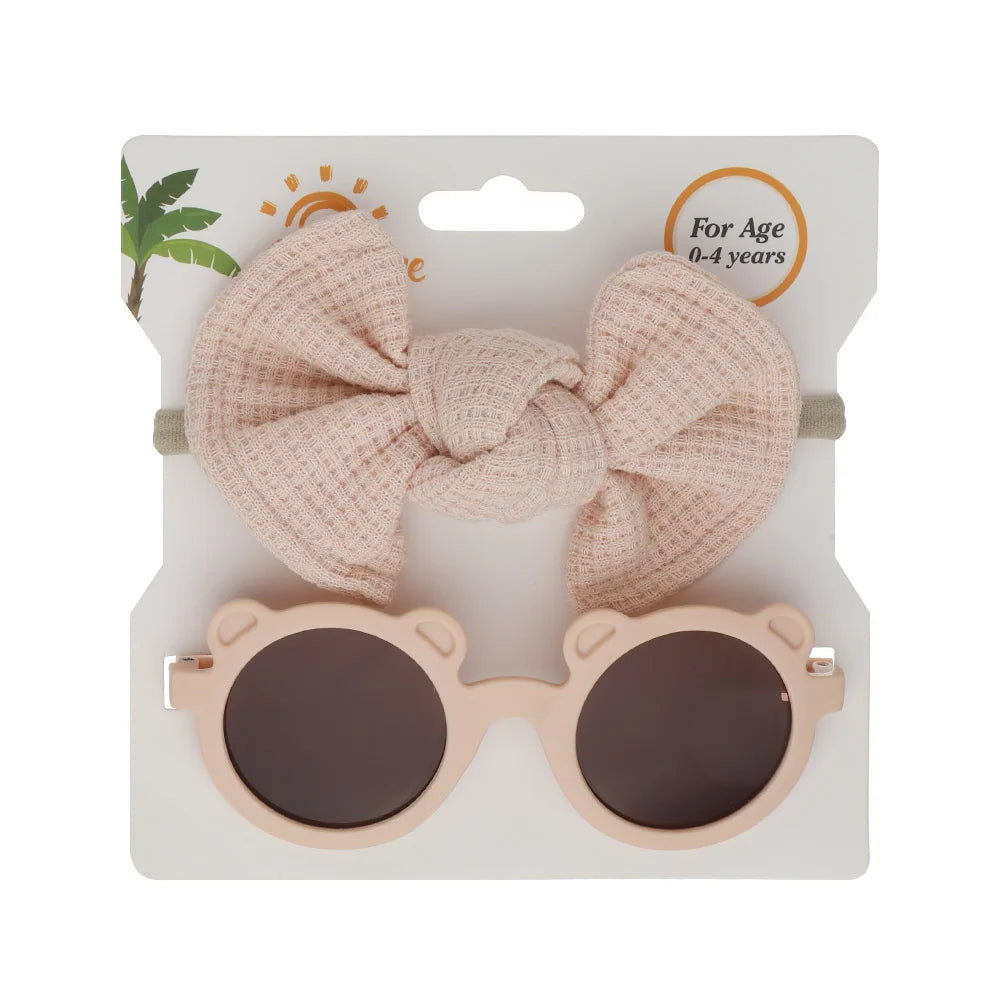 2Pcs/Set Bear Baby Sunglasses Waffle Topknot Hair Bows Headbands Sun Protection Shadow Glasses Kids Fashion Hair Accessories
