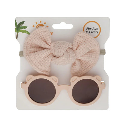 2Pcs/Set Bear Baby Sunglasses Waffle Topknot Hair Bows Headbands Sun Protection Shadow Glasses Kids Fashion Hair Accessories