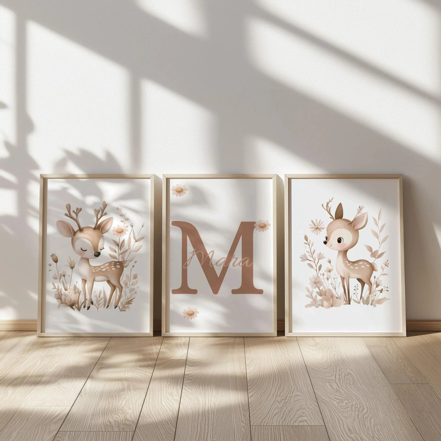 3pcs/set Custom Baby Name Deer Woodland Animal Canvas Printing Bohemian Pink Flower Nursery Wall Art Poster for Home Decoration