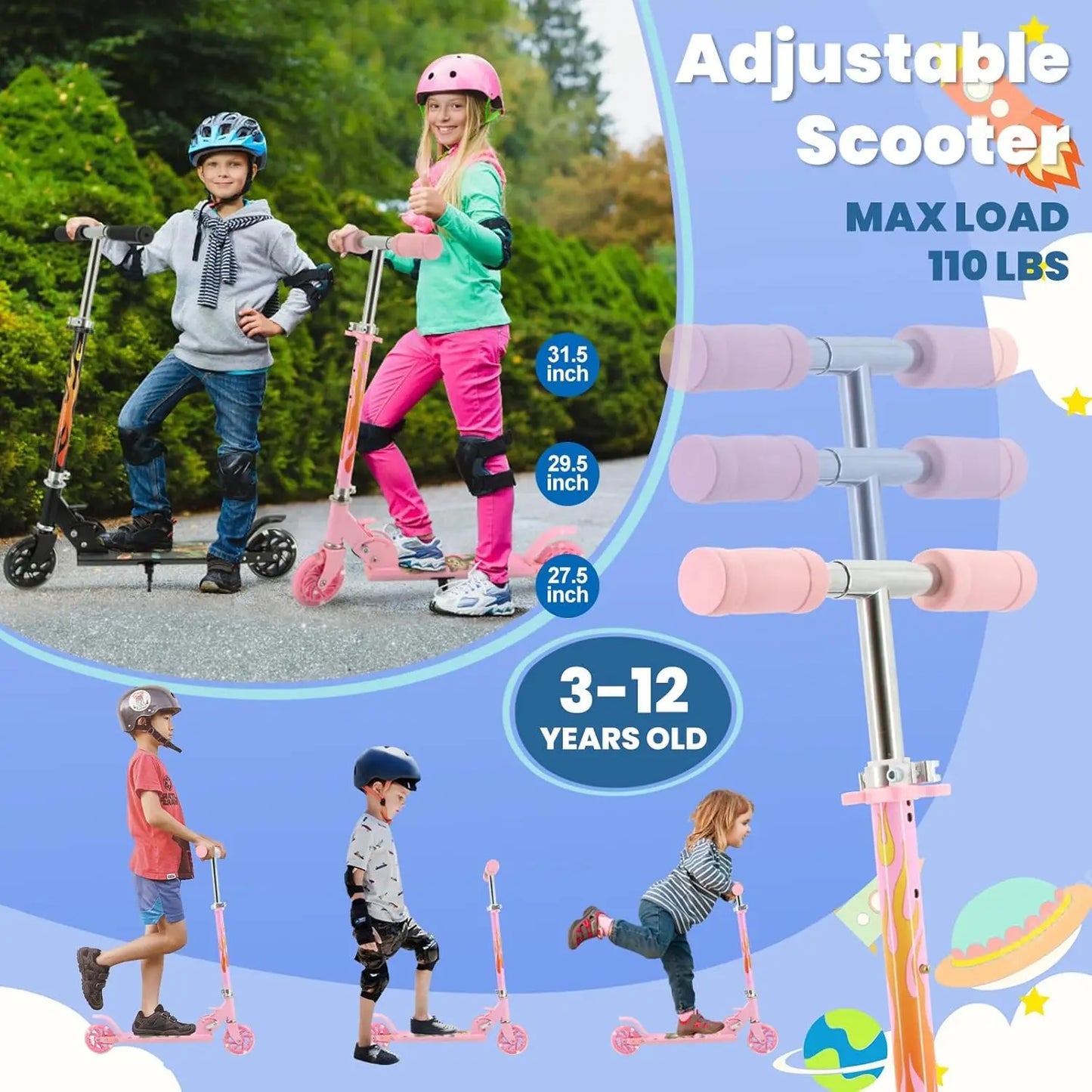 Scooter Toys for Kids Ages 6-12/3-5, Christmas Birthday Gifts for Girls Boys, Easy Folding Kids Scooter with 3 Levels Adjustable